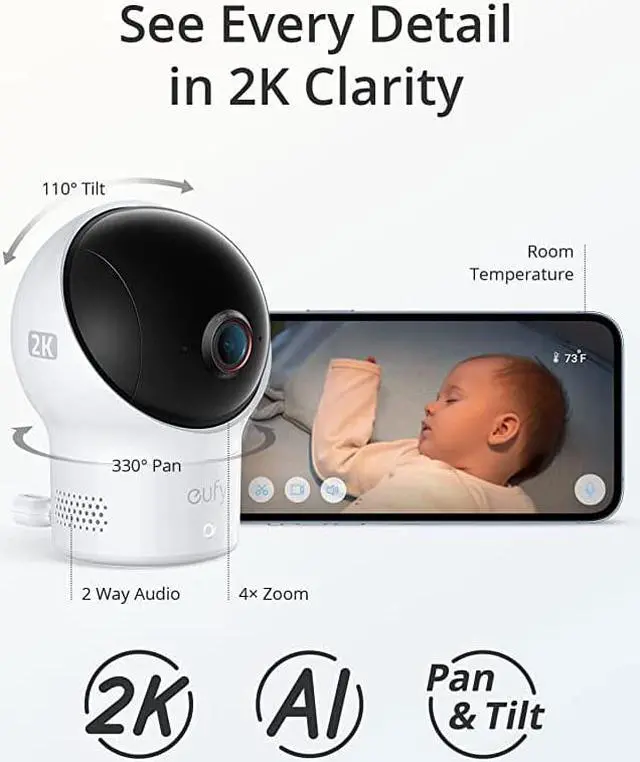 Alt view image 2 of 6 - eufy Baby Baby Monitor 2, Video Baby Monitor with Wi-Fi, 2K Resolution with Pan & Tilt, AI Cry Detection Night Vision, Sound and Room Temperature Detection, Baby Camera Monitor, Requires 2.4GHz Wi-Fi