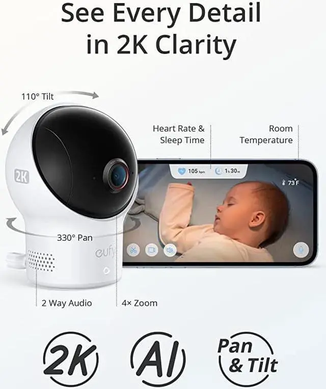 Alt view image 5 of 6 - eufy Baby S340 Smart Sock, Track Sleep Patterns and Heart Rate, 2K Resolution Camera, AI Cry Detection, Pan & Tilt, 24hr Battery Life, for Babies 0-18 Months