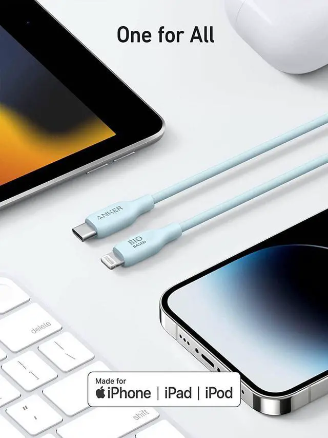 Alt view image 5 of 6 - Anker USB-C to Lightning Cable, 541 Cable (Misty Blue, 3ft), MFi Certified, Bio-Based Fast Charging Cable for iPhone 14 14pro 14pro Max 13 13 Pro 12 11 X XS XR 8 Plus (Charger Not Included)