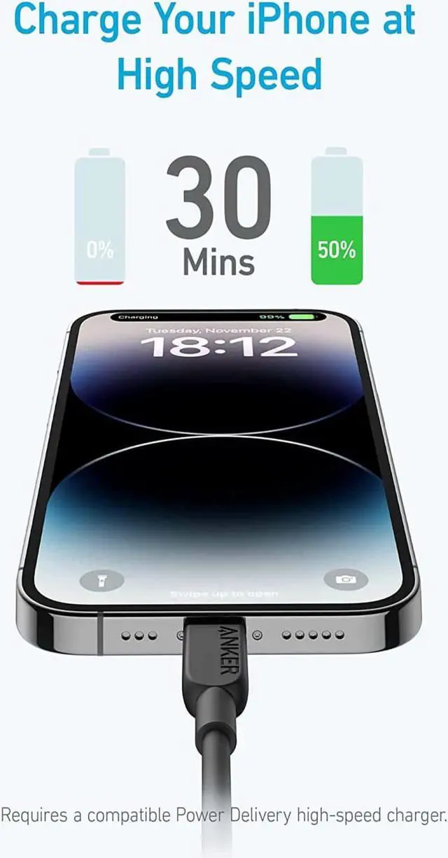 Alt view image 2 of 5 - Anker USB C to Lightning Cable, 310 USB-C to Lightning Cable(Black, 3ft), MFi Certified, Fast Charging Cable for iPhone 14 Plus 14 14 Pro Max 13 13 Pro 12 11 X XS XR (Charger Not Included)