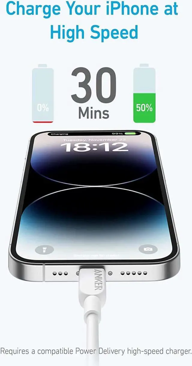 Alt view image 2 of 5 - Anker USB C to Lightning Cable, 310 USB-C to Lightning Cable(White, 3ft), MFi Certified, Fast Charging Cable for iPhone 14 Plus 14 14 Pro Max 13 13 Pro 12 11 X XS XR (Charger Not Included)