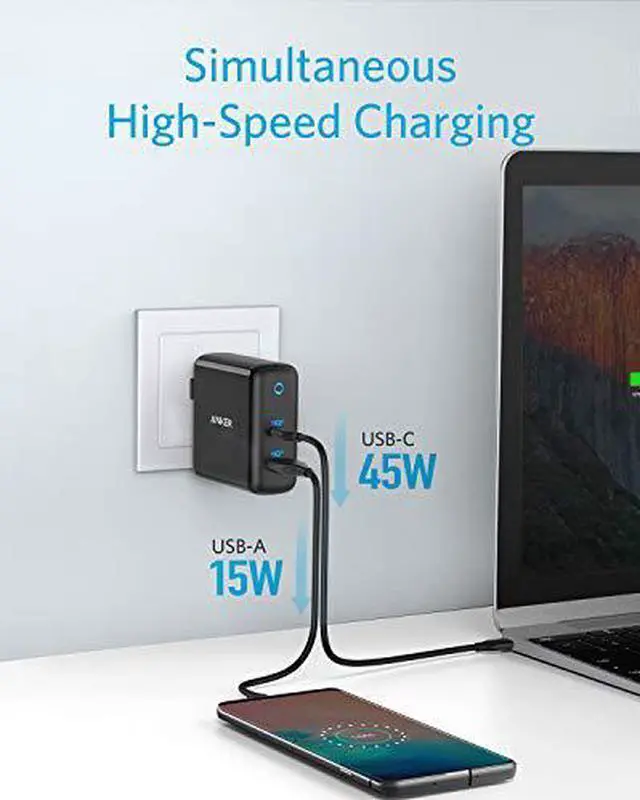Alt view image 4 of 7 - USB C Charger, Anker 60W PIQ 3.0 & GaN Tech Dual Port Charger, PowerPort Atom III (2 Ports) Travel Charger with a 45W USB C Port, for USB-C Laptops, MacBook, iPad Pro, iPhone, Galaxy, Pixel and More