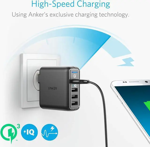 Alt view image 2 of 7 - Anker Quick Charge 3.0 43.5W 4-Port USB Wall Charger, PowerPort Speed 4 for Galaxy, Note, LG, HTC , Nexus, with PowerIQ for iPhone, iPad, and More