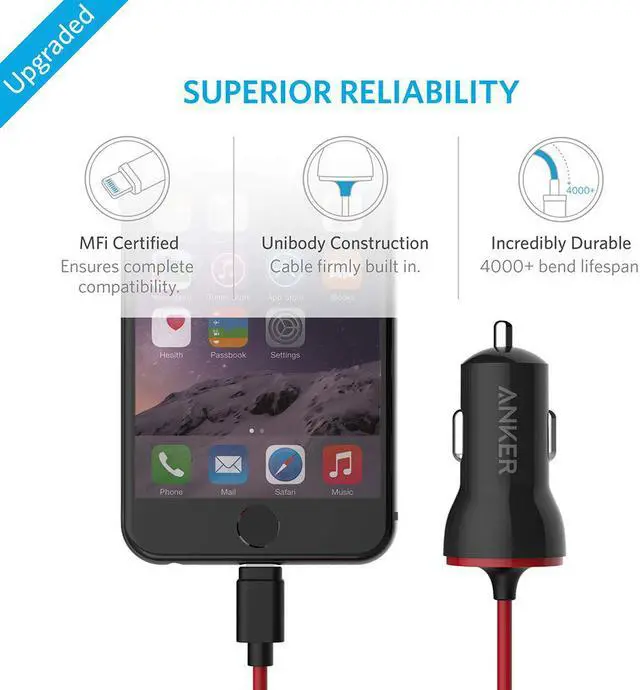 Alt view image 5 of 7 - iPhone Car Charger, Anker 12W 5V Lightning Car Charger [Mfi-Certified], PowerDrive Car Charger with 3ft Apple Certified Cable, for iPhone XS/Max/XR/X/8/7/6/Plus, iPad Pro/Air 2/Mini, and More