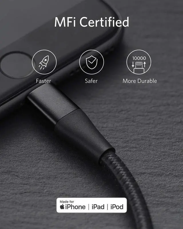 Alt view image 5 of 7 - Anker Powerline+ II Lightning Cable 3-Pack (3 ft, 3 ft, 6 ft), MFi Certified for Flawless Compatibility with iPhone 11/11 Pro / 11 Pro Max/Xs/XS Max/XR/X / 8/8 Plus / 7 and More (Black)