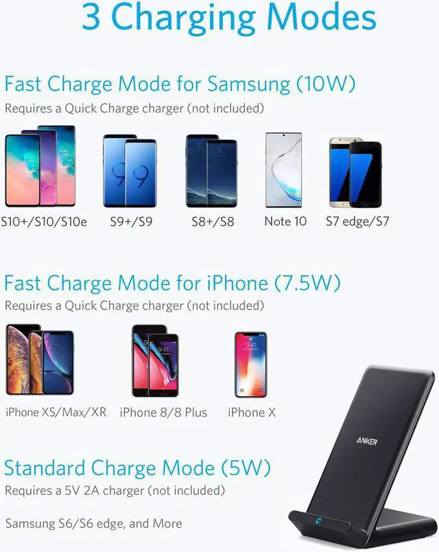 Alt view image 2 of 7 - Anker Wireless Charger, 10W Max PowerWave Stand Upgraded, Qi-Certified, 7.5W for iPhone 11, 11 Pro, 11 Pro Max, XR, Xs Max, XS, X, 8, 8 Plus, 10W for Galaxy S10 S9 S8, Note 10 Note 9 (No AC Adapter)