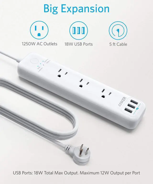 Alt view image 2 of 7 - Anker 3-Outlet & 3 PowerIQ USB Power Strip Surge Protector, PowerPort Strip 3 with 5 Foot Long Extension Cord, Flat Plug, Safety Shutter, for Home, Office (300 J)