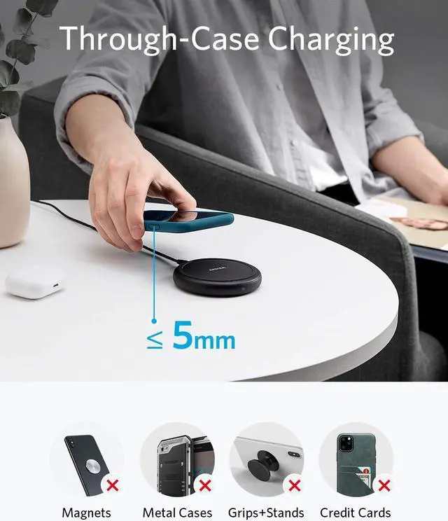 Alt view image 4 of 7 - Anker Wireless Charger with Power Adapter, PowerWave II Pad, Qi-Certified 15W Max Fast Wireless Charging Pad for iPhone 11, 11 Pro, Xs, Xs Max, XR, X, 8, Galaxy S10 S9 S8, Note 10 Note 9 Note 8 & More