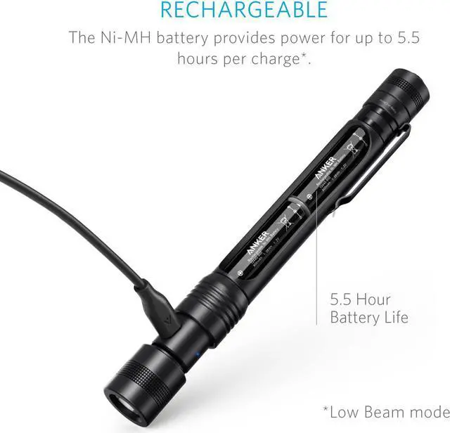 Alt view image 2 of 8 - Anker Rechargeable Bolder P2 LED Pen Flashlight, 120 Lumens, IPX5 Water-Resistant, 900mAh NiMH Battery ×2 Included, 2 Modes (High Beam, Low Beam)