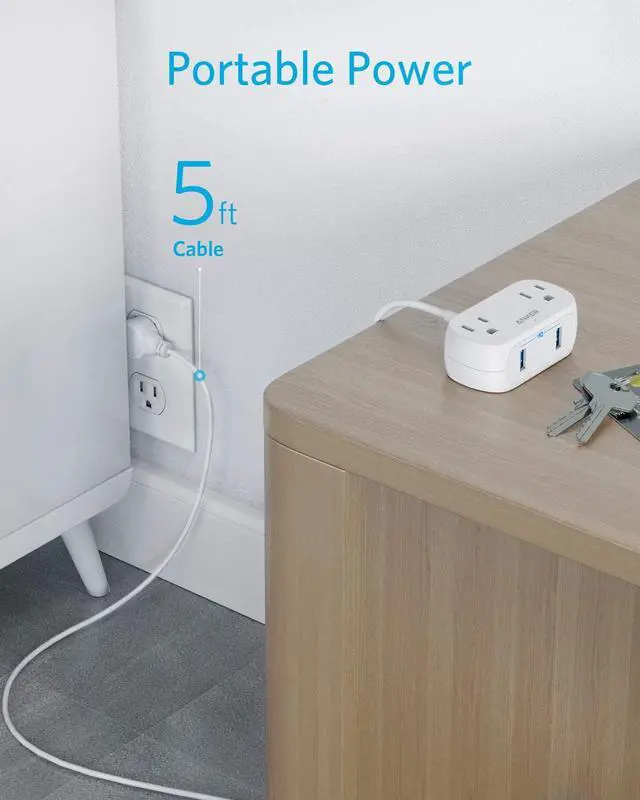Alt view image 5 of 7 - Anker Power Strip with USB PowerExtend USB 2 mini, 2 Outlets, and 2 USB Ports, Flat Plug, 5 ft Extension Cord, Safety System for Travel, Desk, and Home Office