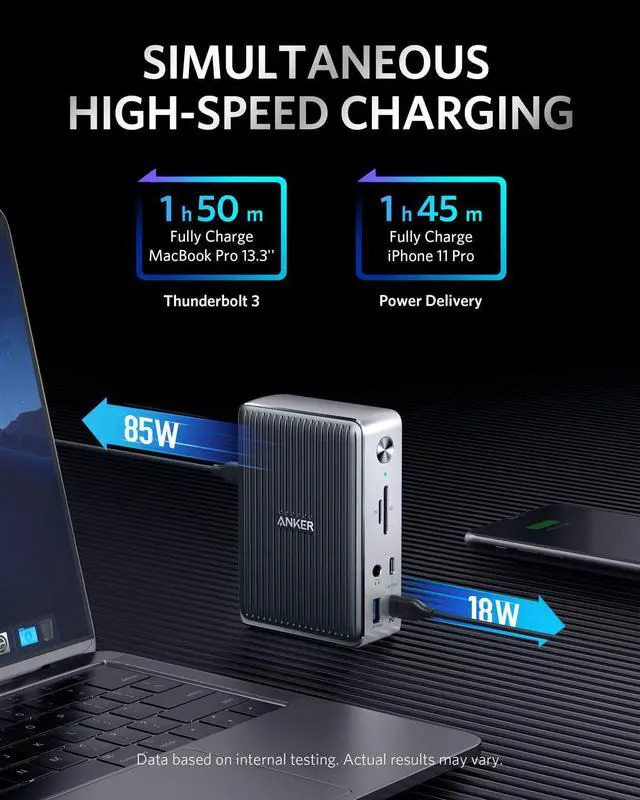 Alt view image 4 of 6 - Anker Docking Station, PowerExpand Elite 13-in-1 Thunderbolt 3 Dock for USB-C Laptops, 85W Charging for Laptop, 18W Charging for Phone, 4K HDMI, 1Gbps Ethernet, Audio, USB-A Gen 1, USB-C Gen 2, SD 4.0