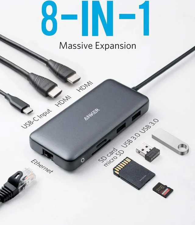 Alt view image 2 of 7 - Anker USB C Hub, PowerExpand 8-in-1 USB C Adapter, with Dual 4K HDMI, 100W Power Delivery, 1 Gbps Ethernet, 2 USB 3.0 Data Ports, SD and microSD Card Reader, for MacBook Pro, XPS and More