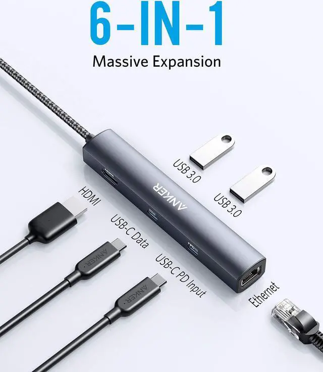 Alt view image 2 of 7 - Anker USB C Hub, PowerExpand 6-in-1 USB C PD Ethernet Hub with 65W Power Delivery, 4K HDMI, 1Gbps Ethernet, USB-C Data Port, 2 USB 3.0 Data Ports, for MacBook Pro, MacBook Air, iPad Pro, XPS, and More