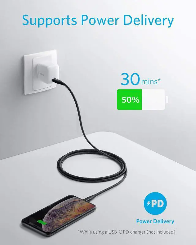 Alt view image 2 of 6 - Anker iPhone 12 Charger, USB C to Lightning Cable [6ft Apple Mfi Certified] Powerline+ II Nylon Braided Cable for iPhone 12/Mini/ 11/11 Pro/11 Pro Max/X/XS/XR/XS Max/8/8 Plus, Supports Power Delivery