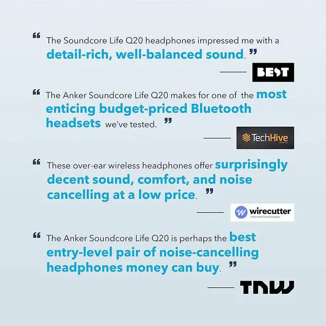 Alt view image 2 of 7 - Anker Soundcore Life Q20 Hybrid Active Noise Cancelling Headphones, Wireless Over Ear Bluetooth Headphones with 40H Playtime, Hi-Res Audio, Deep Bass, Memory Foam Ear Cups and Headband for Travel,Work