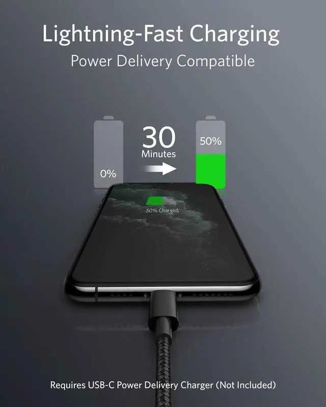 Alt view image 2 of 8 - Anker iPhone 12 Charger Cable, New Nylon USB-C to Lightning Charging Cord for [6 ft MFi Certified] for iPhone 12/11 Pro/X/XS/XR / 8 Plus/iPad 8, Supports Power Delivery