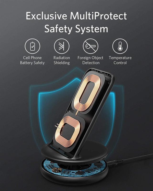 Alt view image 6 of 6 - Anker Wireless Charger with Power Adapter, PowerWave II Stand, Qi-Certified 15W Max Fast Wireless Charging Stand for iPhone SE, 11, 11 Pro, Xs, Xs Max, XR, X, Galaxy S10 S9 S8, Note 10 Note 9 & More
