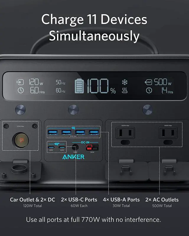 Alt view image 5 of 7 - Anker Portable Power Station, Powerhouse II 800, 500W/777Wh Solar Generator with 110V/500W 2-AC Outlets, 2X 60W Power Delivery Outputs & LED Flashlight, for Outdoor RV/Van Camping, Home Emergencies