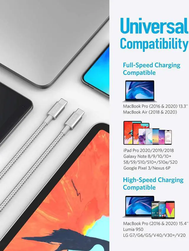 Alt view image 5 of 7 - USB C Cable, Anker 2 Pack New Nylon USB C to USB C Cable (6ft 60W), PD Type C Charging Cable for MacBook Pro 2020, iPad Pro, iPad Air 4, Galaxy S20, Switch, Pixel, LG and Other USB C Charger