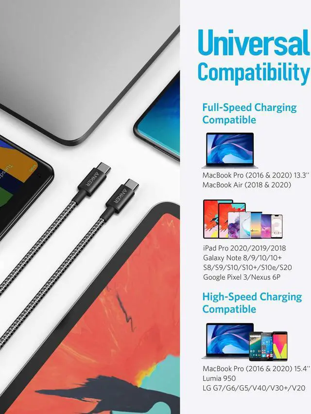 Alt view image 4 of 6 - USB C Cable, Anker 2 Pack New Nylon USB C to USB C Cable (6ft 60W), PD Type C Charging Cable for MacBook Pro 2020, iPad Pro, iPad Air 4, Galaxy S20, Switch, Pixel, LG and Other USB C Charger