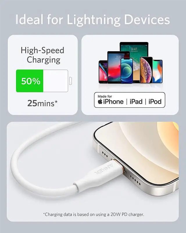 Alt view image 6 of 7 - Anker Powerline III Flow, USB C to Lightning Cable for iPhone 12 Pro Max / 12/11 / XS/X/XR / 8 Plus, AirPods Pro, (6 ft) [MFi Certified] Supports Power Delivery, Silica Gel (Cloud White)
