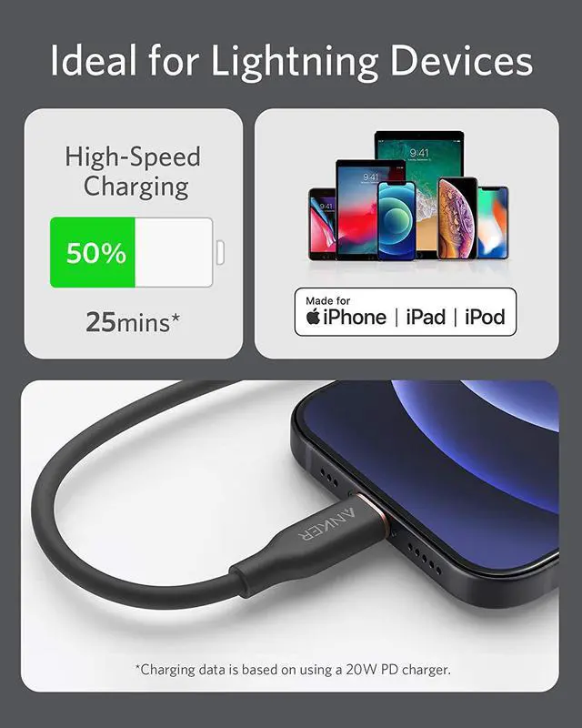 Alt view image 6 of 7 - Anker Powerline III Flow, USB C to Lightning Cable for iPhone 12 Pro Max / 12/11 / XS/XR / 8 Plus, AirPods Pro, (6 ft) [MFi Certified] Supports Power Delivery, Silica Gel (Midnight Black)