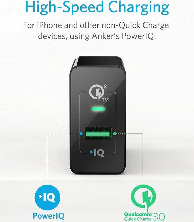 Alt view image 3 of 6 - Quick Charge 3.0, Anker 18W 3Amp USB Wall Charger (Quick Charge 2.0 Compatible) Powerport+ 1 for Anker Wireless Charger, Galaxy S10e/S10/S9/S8/Plus, Note 9/8, LG V40/V30+, iPhone, iPad and More