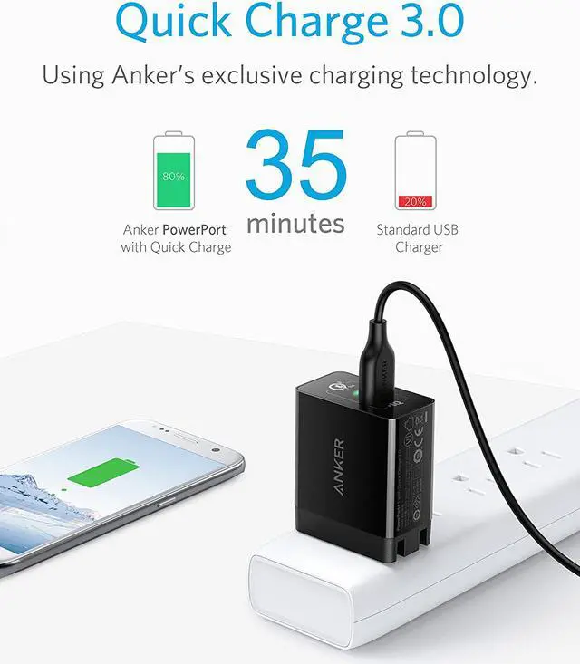 Alt view image 2 of 6 - Quick Charge 3.0, Anker 18W 3Amp USB Wall Charger (Quick Charge 2.0 Compatible) Powerport+ 1 for Anker Wireless Charger, Galaxy S10e/S10/S9/S8/Plus, Note 9/8, LG V40/V30+, iPhone, iPad and More
