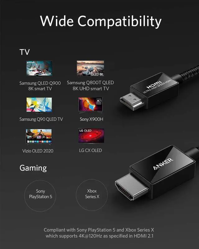 Alt view image 6 of 7 - Anker 8K@60Hz HDMI Cable, Ultra High Speed 4K@120Hz 48Gbps 6.6 ft Ultra HD HDMI to HDMI Cord, Support Dynamic HDR, eARC, Dolby Atmos, Compatible with PlayStation 5, Xbox Series X, Samsung TVs and More