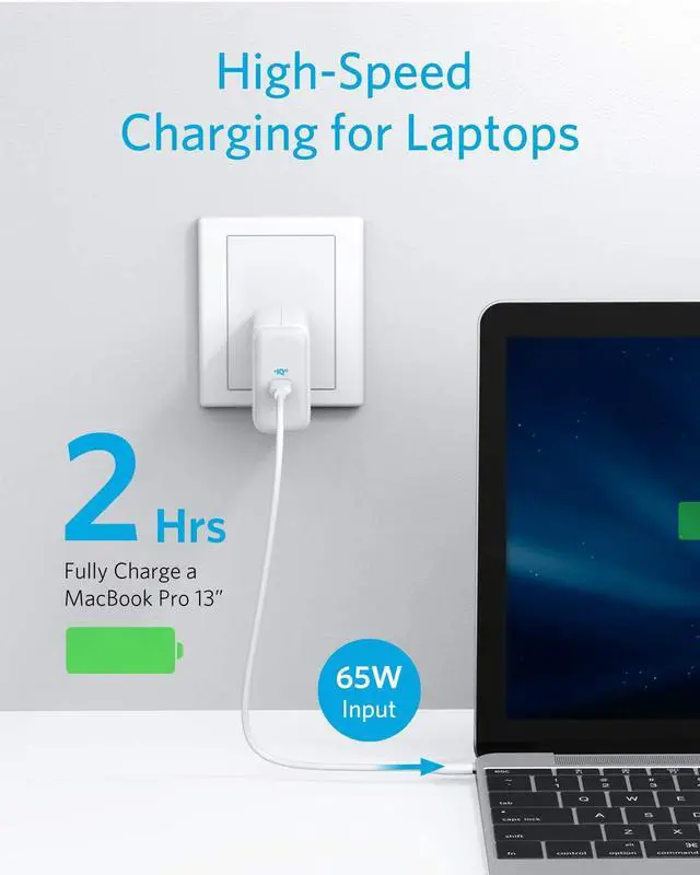 Alt view image 2 of 7 - USB C Charger, Anker 65W PIQ 3.0 Type-C Charger, PowerPort III 65W, with US/UK/EU Plugs for Travel, for MacBook, iPad Pro, iPhone, Samsung Galaxy, and More