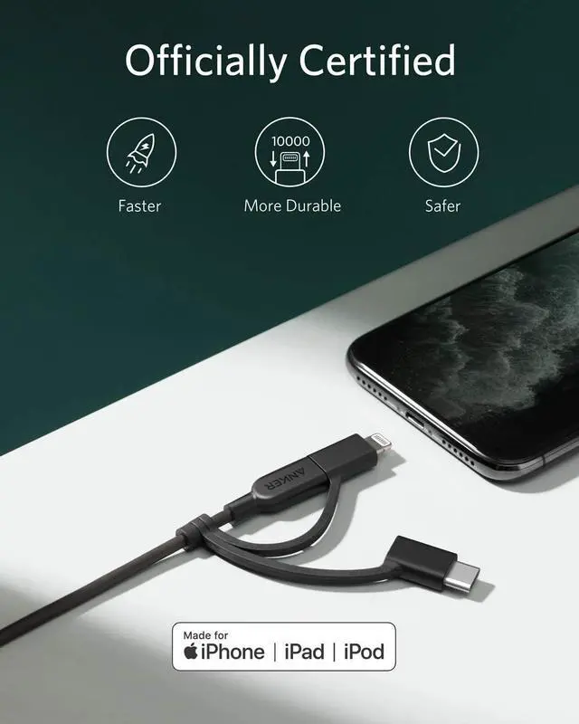 Alt view image 5 of 7 - Anker Powerline II 3-in-1 Cable, Lightning/Type C/Micro USB Cable for iPhone, iPad, Huawei, HTC, LG, Samsung Galaxy, Sony Xperia, Android Smartphones, and More, Universal Compatibility - 3 ft.