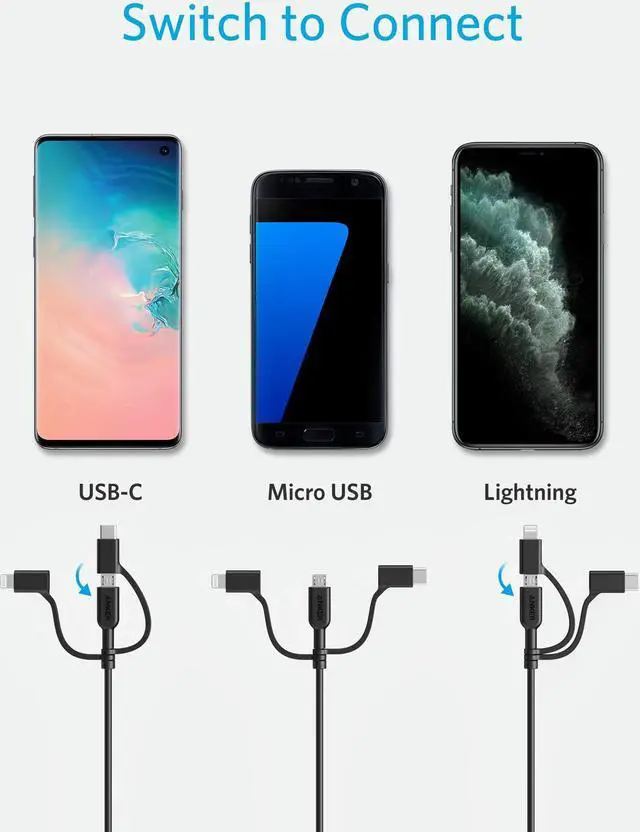 Alt view image 2 of 7 - Anker Powerline II 3-in-1 Cable, Lightning/Type C/Micro USB Cable for iPhone, iPad, Huawei, HTC, LG, Samsung Galaxy, Sony Xperia, Android Smartphones, and More, Universal Compatibility - 3 ft.