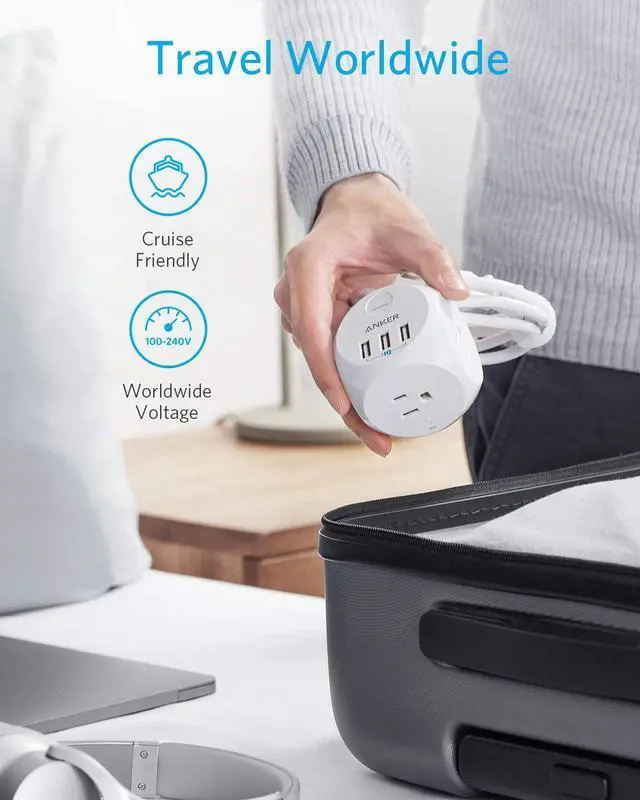 Alt view image 6 of 7 - Anker PowerPort Cube with 3 Outlets and 3 USB Ports, Portable Power Strip with USB, 5ft Extension Cord, Overload Protection for iPhone Xs/XR, Compact for Travel, Cruise Ship and Office