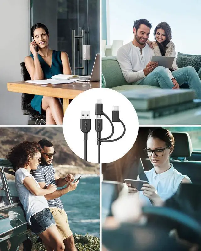 Alt view image 7 of 7 - Anker Powerline II 3-in-1 Cable, Lightning/Type C/Micro USB Cable for iPhone, iPad, Huawei, HTC, LG, Samsung Galaxy, Sony Xperia, Android Smartphones, and More, Universal Compatibility - 3 ft.