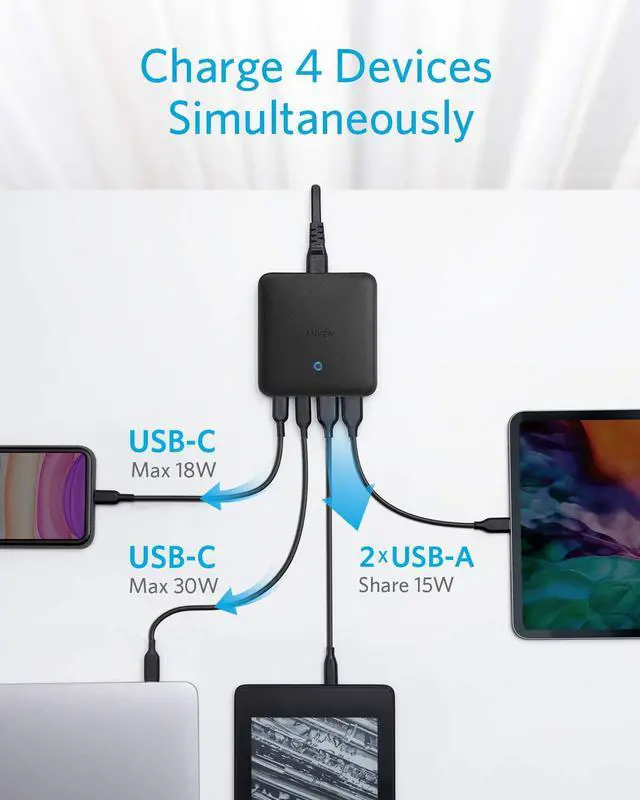 Alt view image 4 of 6 - USB C Fast Charger, Anker 63W 4 Port PIQ 3.0 & GaN Fast Charger Adapter, PowerPort Atom III Slim Wall Charger with Dual USB C Ports (45W Max), for MacBook, USB C Laptops, iPad Pro, iPhone, and More