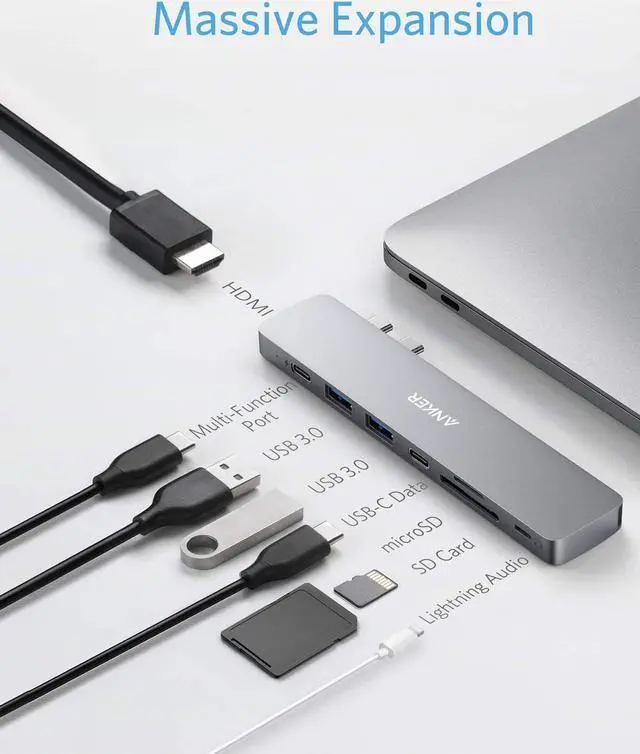 Alt view image 3 of 7 - Anker USB C Hub for MacBook, PowerExpand Direct 8-in-2 USB C Adapter Compatible with Thunderbolt 3 USB C Port, 4K HDMI Port, USB C and USB A 3.0 Data Ports, SD and microSD Card Reader, Lightning Audio