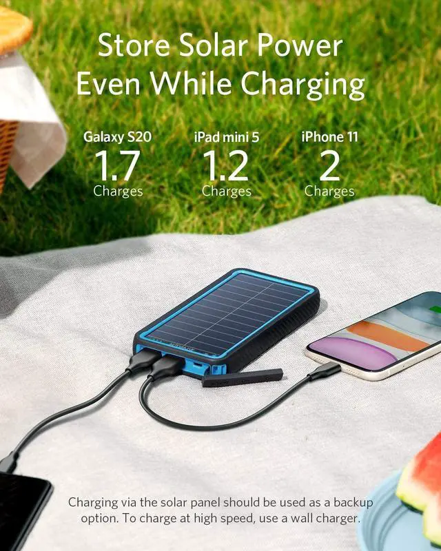 Alt view image 3 of 7 - Anker Solar Power Bank, PowerCore Solar 10000 Dual-Port Solar Charger with Flashlight, IP64 Splashproof, Dustproof for Outdoor Activities, Compatible with Smartphones