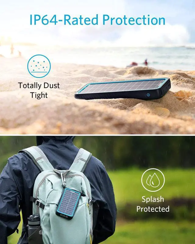 Alt view image 6 of 7 - Anker Solar Power Bank, PowerCore Solar 10000 Dual-Port Solar Charger with Flashlight, IP64 Splashproof, Dustproof for Outdoor Activities, Compatible with Smartphones