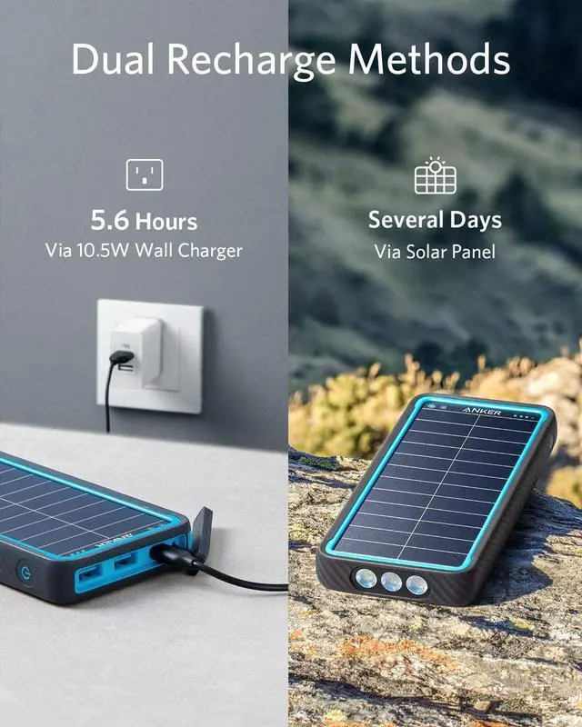 Alt view image 5 of 7 - Anker Solar Power Bank, PowerCore Solar 10000 Dual-Port Solar Charger with Flashlight, IP64 Splashproof, Dustproof for Outdoor Activities, Compatible with Smartphones
