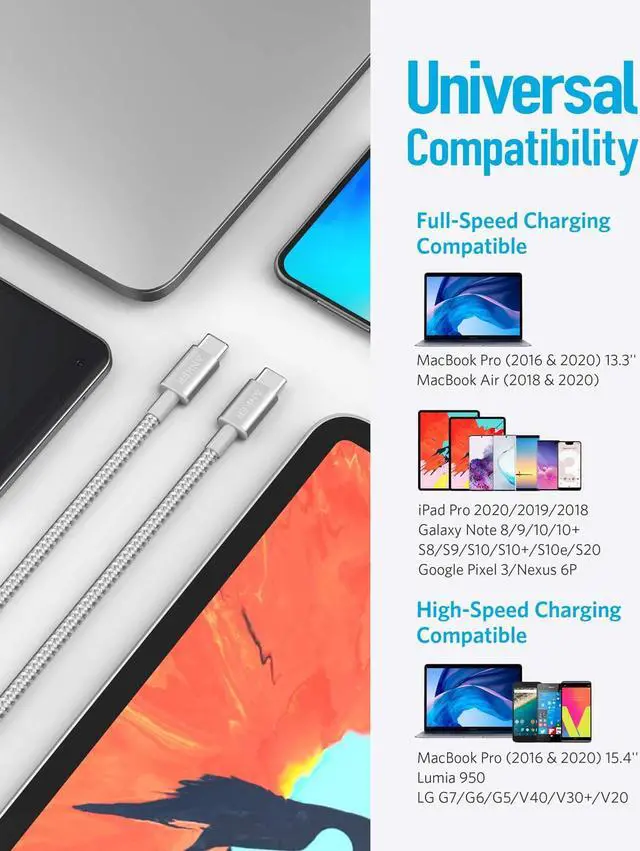 Alt view image 5 of 7 - USB C Cable, Anker 2 Pack New Nylon USB C to USB C Cable (3.3ft 60W), PD Type C Charging Cable for MacBook Pro 2020, iPad Pro, iPad Air 4, Galaxy S20, Switch, Pixel, LG and Other USB C Charger