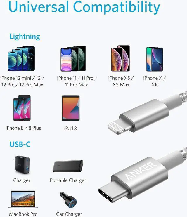 Alt view image 3 of 7 - Anker iPhone 12 Charger Cable, New Nylon USB-C to Lightning Charging Cord for [6 ft MFi Certified] for iPhone 12/11 Pro/X/XS/XR / 8 Plus/iPad 8, Supports Power Delivery