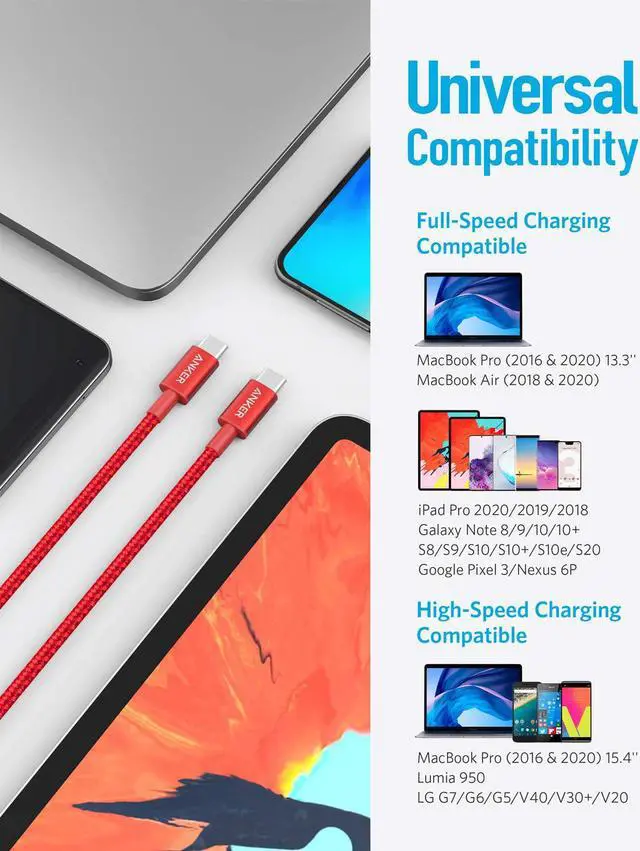 Alt view image 5 of 7 - USB C Cable, Anker 2 Pack New Nylon USB C to USB C Cable (3.3ft 60W), PD Type C Charging Cable for MacBook Pro 2020, iPad Pro, iPad Air 4, Galaxy S20, Switch, Pixel, LG and Other USB C Charger