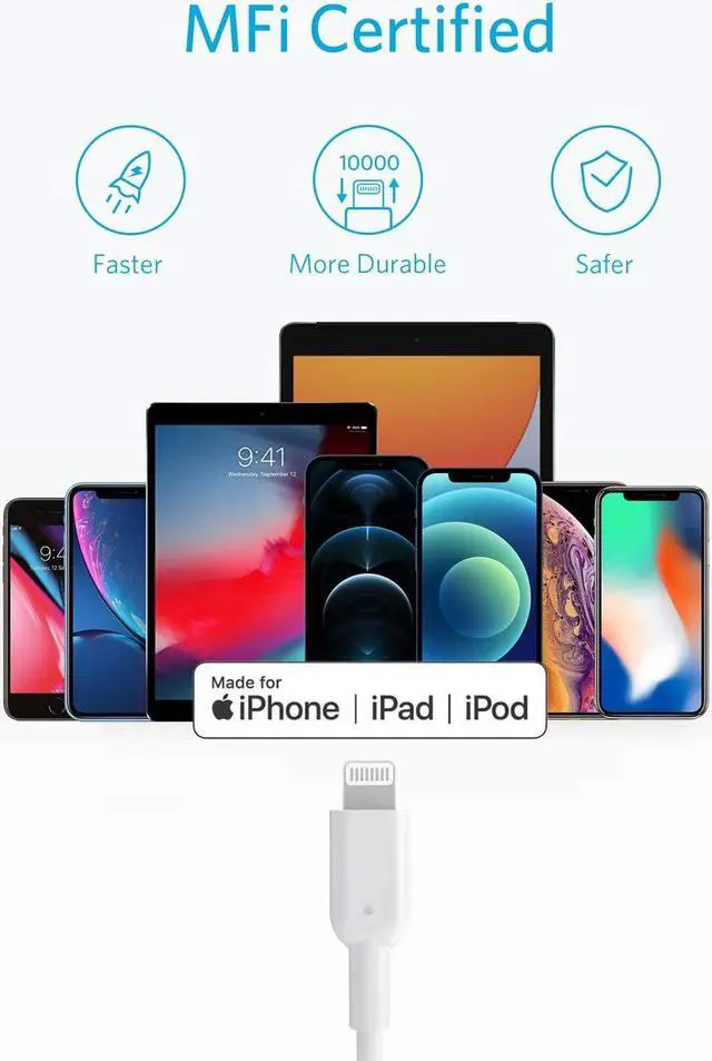 Alt view image 4 of 6 - Anker USB C to Lightning Cable, Powerline II [10ft MFi Certified] Extra Long Charging Cord for iPhone 12 Pro Max 12 11 Pro X XS XR 8 Plus AirPods Pro, Supports Power Delivery(White)