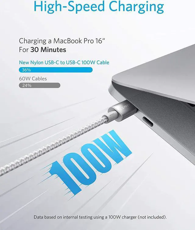 Alt view image 2 of 7 - Anker USB C Cable 100W 10ft, New Nylon USB C to USB C Cable 2.0, Type C Charging Cable Fast Charge for MacBook Pro 2020, iPad Pro 2020, iPad Air 4, Galaxy S20, Pixel, Switch, LG, and More(Silver)
