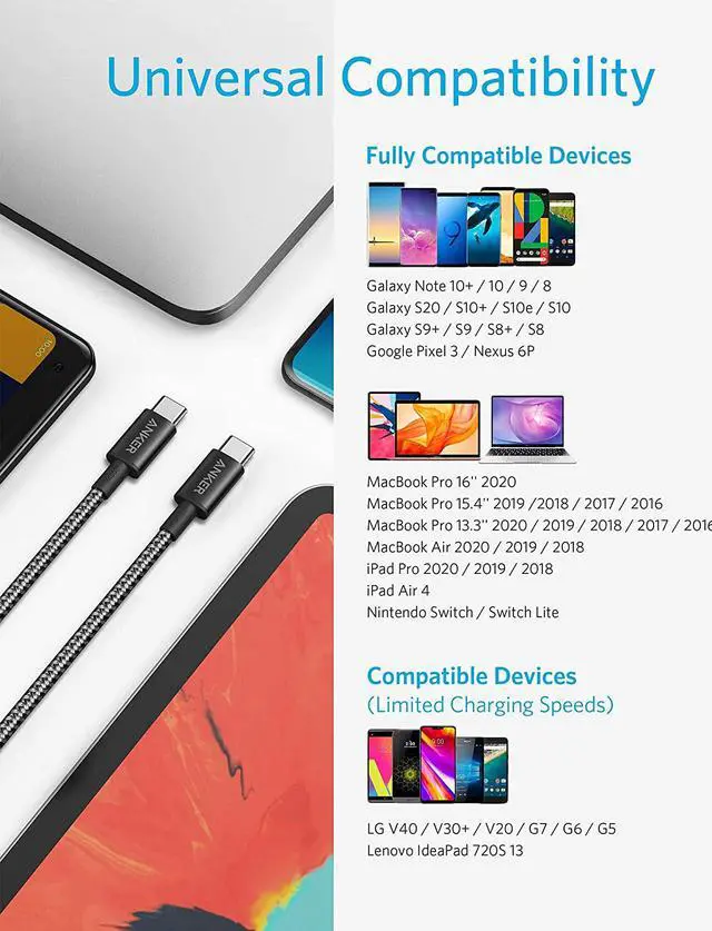 Alt view image 4 of 7 - Anker USB C Cable 100W 10ft, New Nylon USB C to USB C Cable 2.0, Type C Charging Cable Fast Charge for MacBook Pro 2020, iPad Pro 2020, iPad Air 4, Galaxy S20, Pixel, Switch, LG, and More(Black)