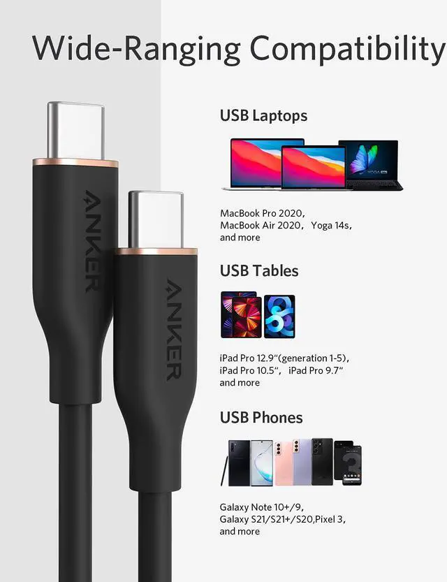Alt view image 5 of 6 - Anker Powerline III Flow, USB C to USB C Cable 100W 6ft, Type C Charging Cable Fast Charge for MacBook Pro 2020, iPad Pro, iPad Air, Galaxy S20, Pixel, Switch, LG, and More(Midnight Black)