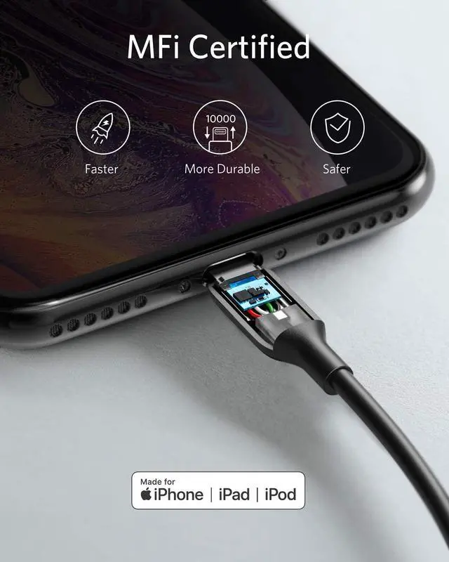 Alt view image 6 of 7 - Anker Powerline III Lightning Cable 6 Foot iPhone Charger Cord MFi Certified for iPhone 11 Pro Max, 11 Pro, X, Xs, Xr, Xs Max, 8, 8 Plus, 7, 7 Plus, 6 and More, Ultra Durable (Black)
