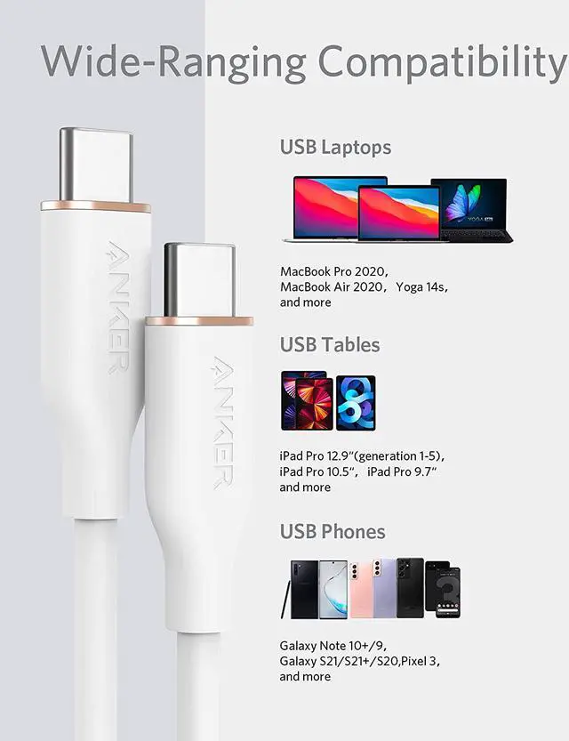 Alt view image 5 of 6 - Anker Powerline III Flow, USB C to USB C Cable 100W 3ft, Type C Charging Cable Fast Charge for MacBook Pro 2020, iPad Pro, iPad Air, Galaxy S20, Pixel, Switch, LG, and More(Cloud White)