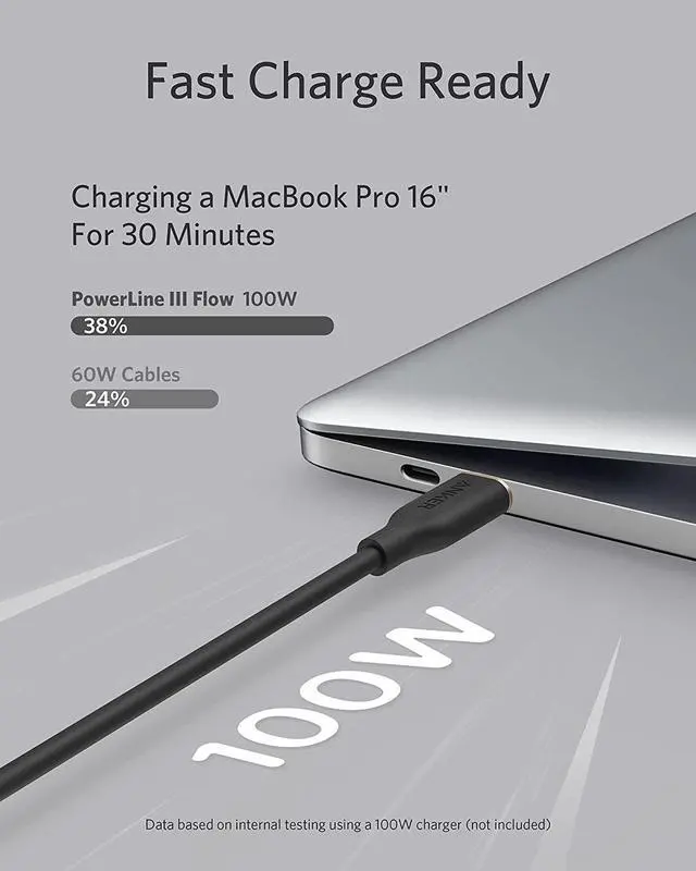 Alt view image 3 of 6 - Anker Powerline III Flow, USB C to USB C Cable 100W 6ft, Type C Charging Cable Fast Charge for MacBook Pro 2020, iPad Pro, iPad Air, Galaxy S20, Pixel, Switch, LG, and More(Midnight Black)