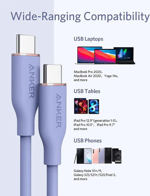 Alt view image 5 of 6 - Anker Powerline III Flow, USB C to USB C Cable 100W 6ft, Type C Charging Cable Fast Charge for MacBook Pro 2020, iPad Pro, iPad Air, Galaxy S20, Pixel, Switch, LG, and More(Lavender Grey)